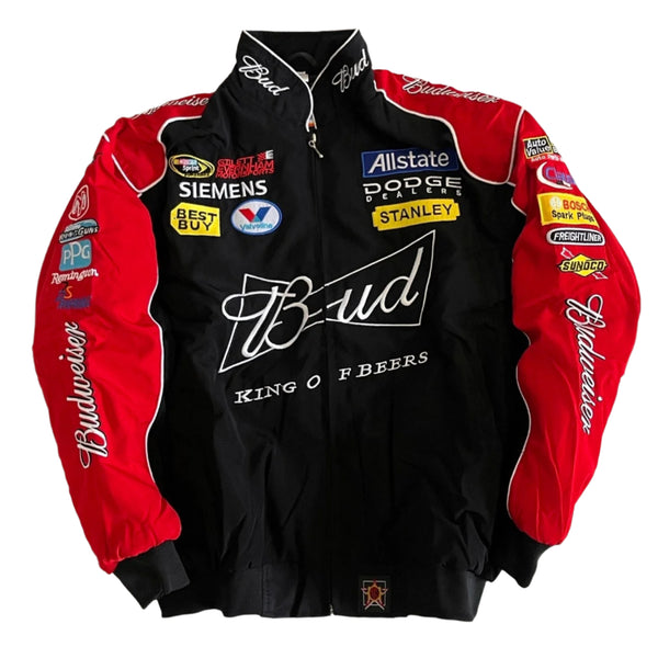 Budweiser Racing Jacket – Black & Red NASCAR Embroidered Bomber Gorilla Fits