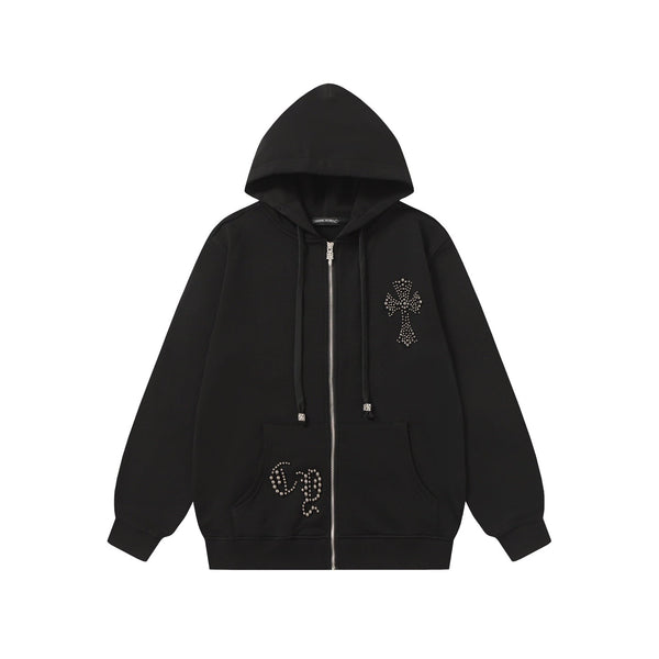 Chrome Hearts Rhinestone Cross Hoodie - Black Gothic Streetwear Chrome-Hearts