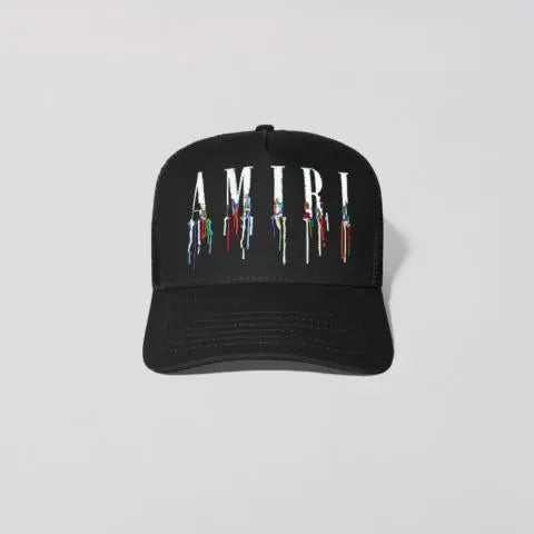 Black cap with 'AMIRI' logo on a light gray background