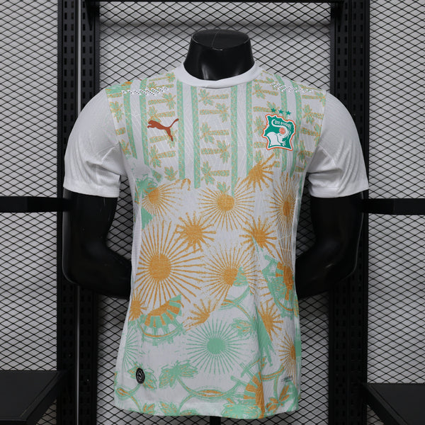 White sports jersey with colorful patterns on a mannequin against a grid background