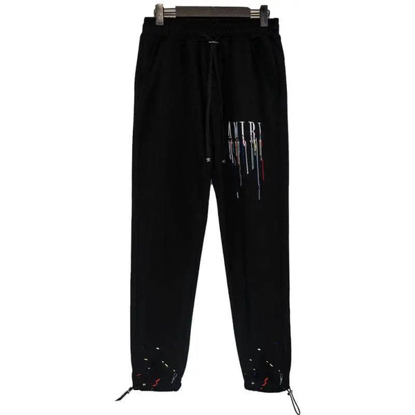 Amiri Black/Blue drip Embroidered paint, sweatpants black, blue, street wear pants, Amiri drip, modern fit. Gorilla fits