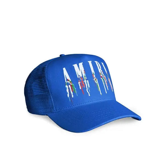 Blue cap with colorful text on a white background