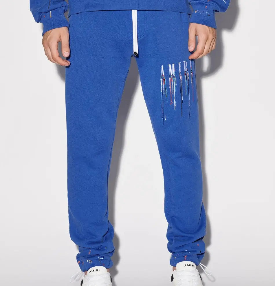 Amiri Black/Blue drip Embroidered paint, sweatpants black, blue, street wear pants, Amiri drip, modern fit. Gorilla fits