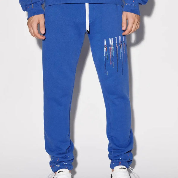 Amiri Black/Blue drip Embroidered paint, sweatpants black, blue, street wear pants, Amiri drip, modern fit. Gorilla fits