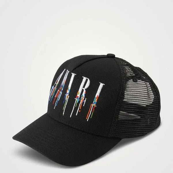 Black mesh cap with colorful text on a light gray background
